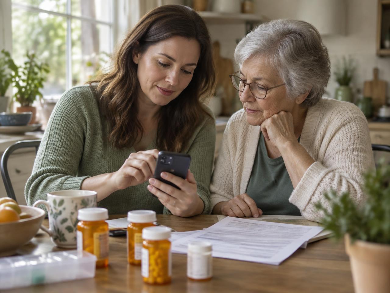 A daughter and her mother at a kitchen table comparing medication bottles, discharge papers, and a phone